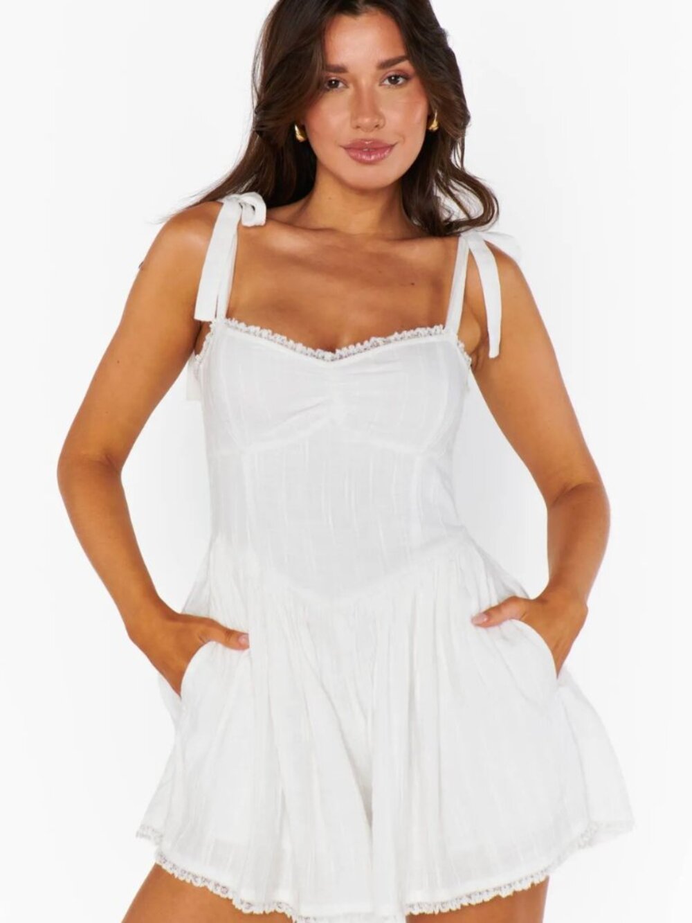 Show Me Your Mumu Regal Romper White Lace Trim Tie Strap / L